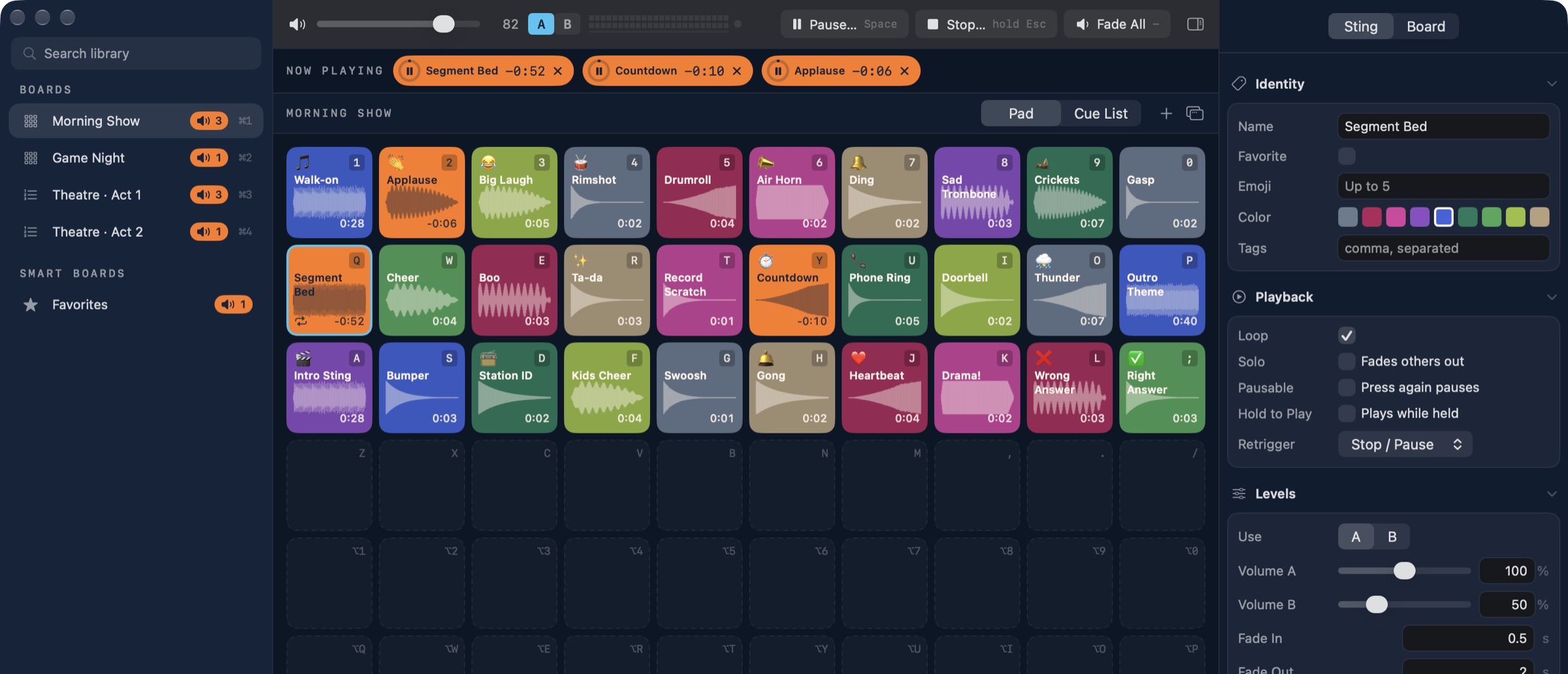Stinger's main window: Boards in the sidebar, the master volume with A/B presets and the transport above three Stings playing in Now Playing, the Morning Show Board's coloured pads with their keyboard keys and waveforms, and the Sting inspector on the right.